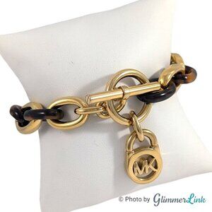 Michael Kors Faux Tortoise Shell MK Toggle Link Gold Tone Bracelet